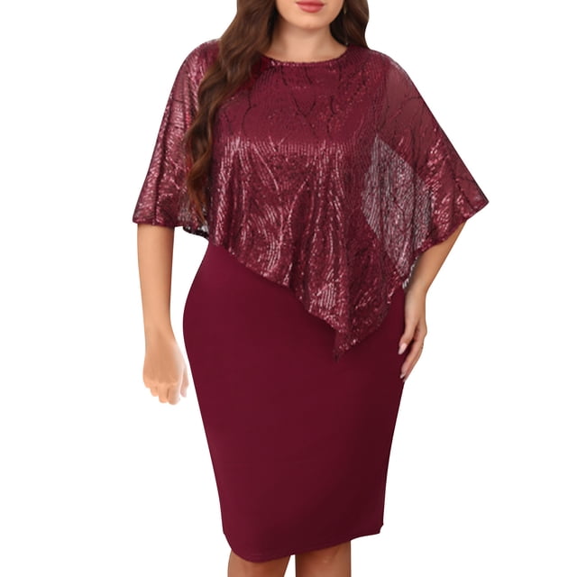 Robe pour Femme Grande Taille Wo-Fusoul, Robe Décontractée à Ourlet Irrégulier avec Empiècements Perlés, Manches Courtes, Col Rond, Tissu Extensible Confortable pour Diverses Occasions