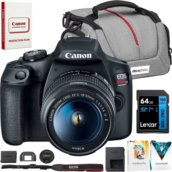 Canon EOS Rebel T7 Digital SLR Camera 18-55mm f/3.5-5.6 IS II Kit 2727C002 Bundle with Lexar Premium 64GB SDXC Memory Card, Deco Essentials Camera Bag and Corel Photo Video Suite