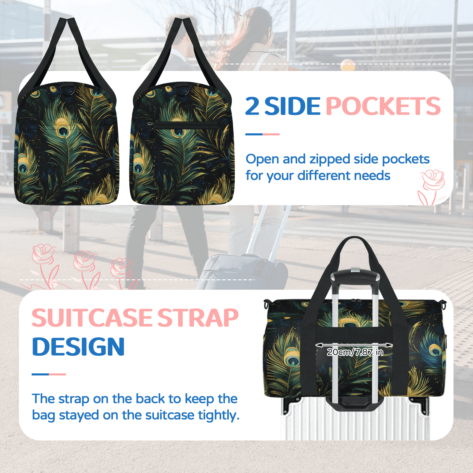 Herdesigns Vintage Peacock Feather Gym Bag for Women, Duffle Bag for Travel Sport, Lightweight Waterproof Carry on Weekender Dance Yoga Workout Bags