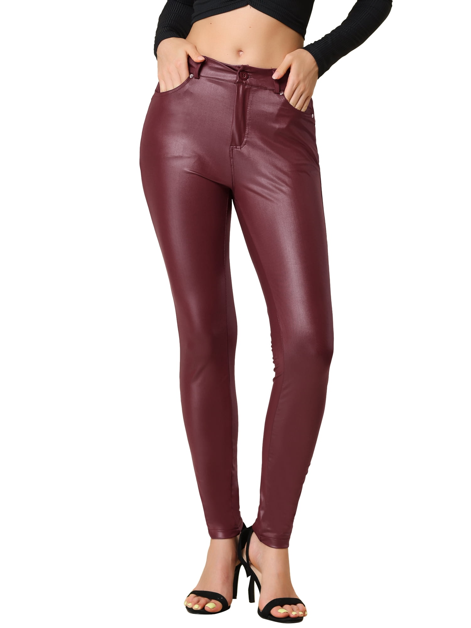 INSPIRE CHIC Women's Faux Leather Skinny High Waisted Pants XS Burgundy