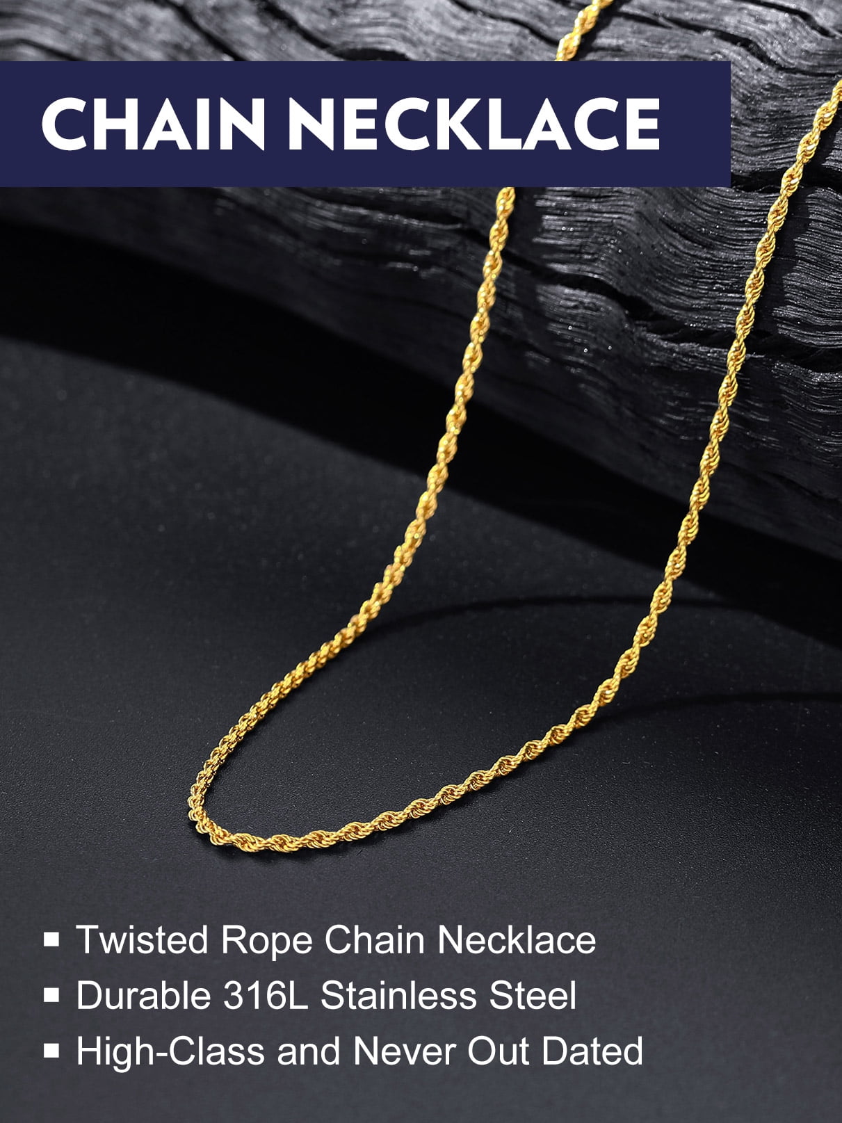 Bandmax 2MM 14K Gold Plated Thin Rope Choker Chain for Men Women 18 Inch Stainless Steel Twisted Chain Necklace for Birthday Valentines Gift