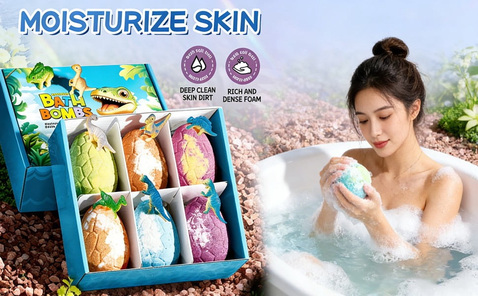 Dinosaur Egg Bath Salts Balls Set,6-Piece Aroma Fizzies for Body Cleansing,Relaxing Gift for Kids,600g