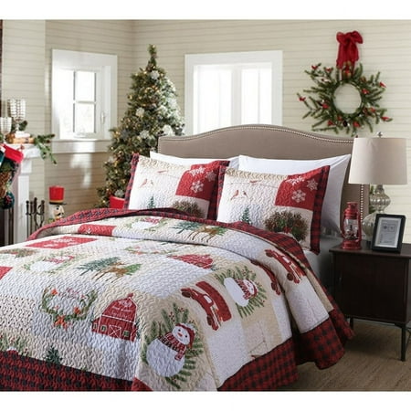 MarCielo Christmas Patterned Red and Green 3-piece Quilt Set Queen
