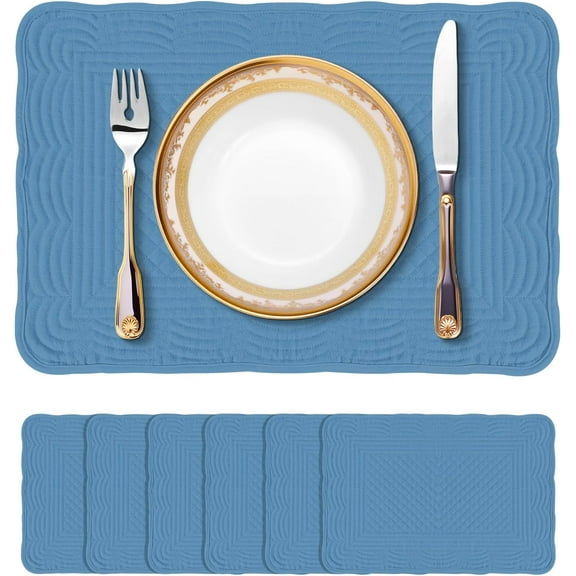 YUYAN-Quilted Placemats Set of 6, Rectangular Placemats Machine Washable for Kitchen or Dining Table Fabric Rectangular Table Mats 100% Cotton Blue