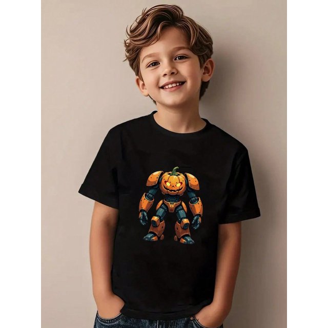 Boys Halloween Pumpkin Robot Graphic T-Shirt, Black Casual Halloween Shirts With Pumpkin Robot, Girls/Boys Fall Clothes, Round Neck Short Sleeve T-Shirt