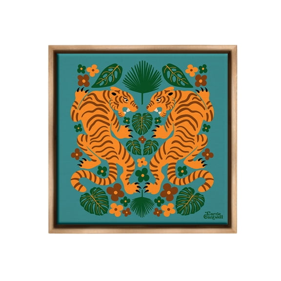 Stupell Industries Symmetrical Tigers & Nature Animals & Insects Painting Brown Floater Framed Canvas Art Print Wall Art, 25 x 25