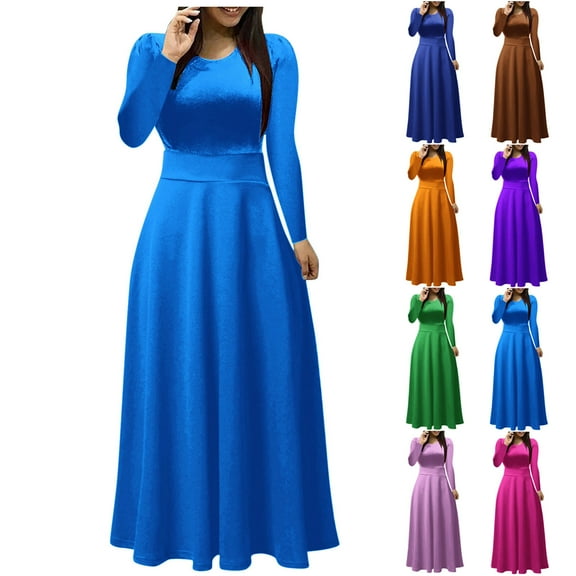 HAPIMO Women's Maxi A Line Splicing Dress Solid Color Round Neck Spring Elegant Casual Daily Trendy Long Sleeve Blue L