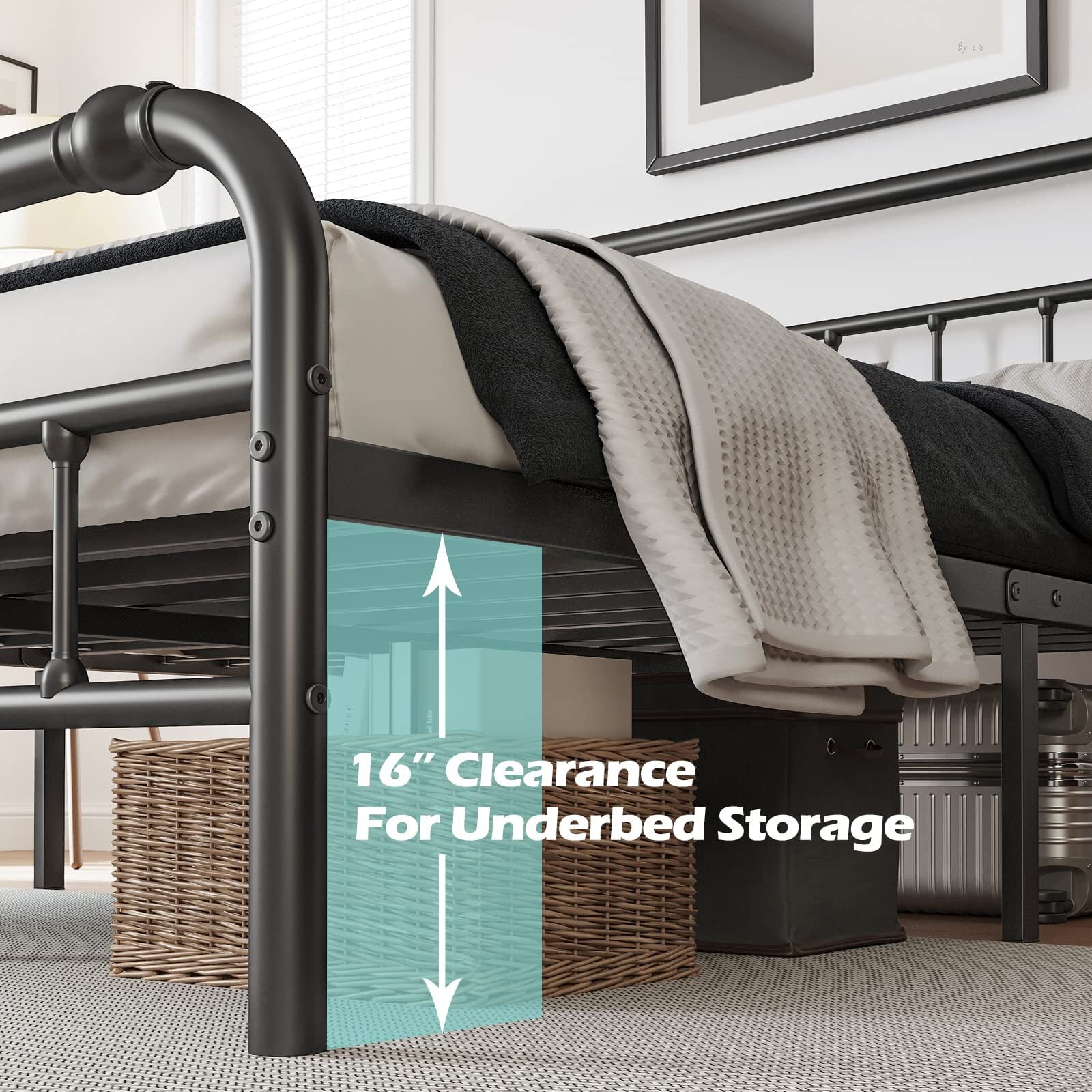 QFTIME Queen Bed Frame with Headboard, Heavy-Duty Metal Platform Bed Frame with 18" High, Non-Slip and Noise-Free, No Box Spring Needed, Black