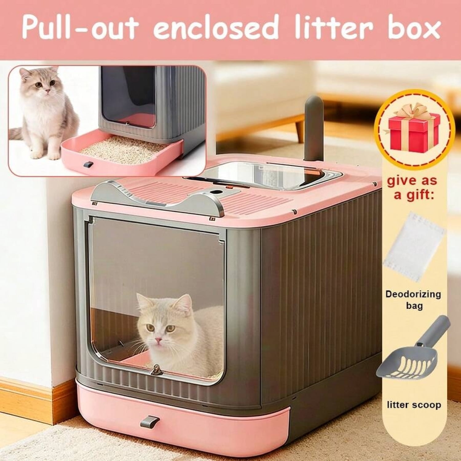 NTGFU Large Cat Litter Box Enclosed, 4-In-1 Top Entry & Front Pull Drawer with Odor Control Carbon Bags & Scoop,for Multiple Cats (Fits Up To 44 Lbs), Easy Clean Modern Pet House - Pink