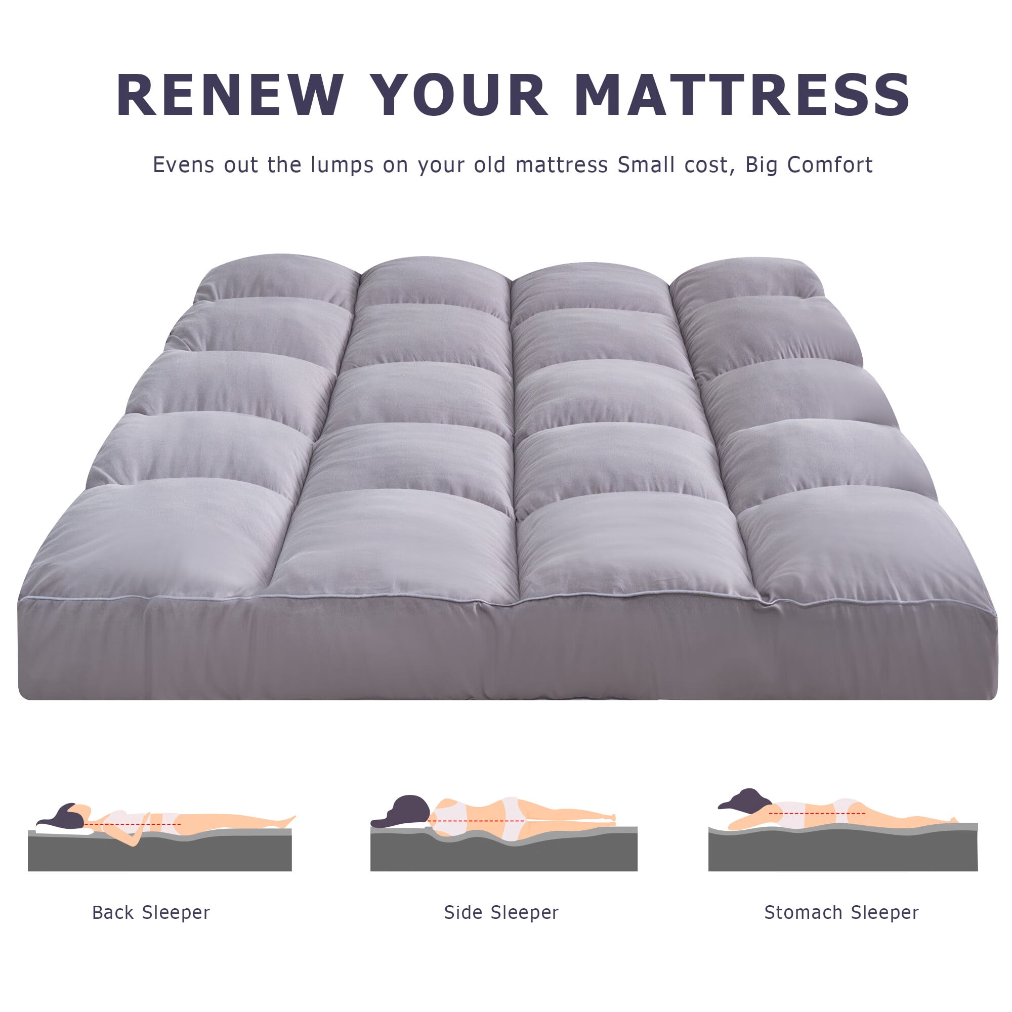 QUEEN ROSE Twin Mattress Topper, Extra Thick Cooling Mattress Pad Cover, 400 TC Cotton Pillow Top Protector, 8-21 inch Deep Pocket, Soft Spiral Fiber Pad for Back Pain, Down Alternative Fill, Gray