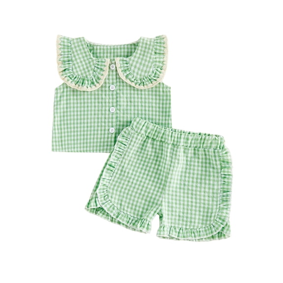 BemeyourBBs 2Pcs Toddler Baby Girls Summer Outfits Cute Infant Girls Summer Sleeveless Doll Collar Plaid Print Vest Tank Tops and Elastic Waist Shorts Set