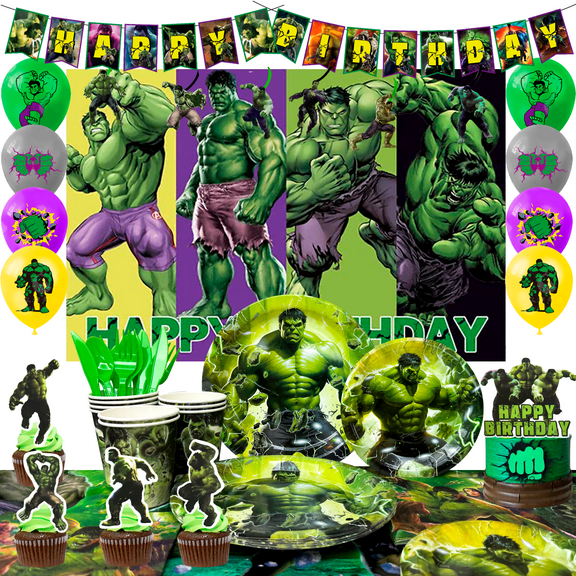 Hulk Birthday Party Supplies, 112pcs Hulk Party Decorations & Tableware - Cake Topper Balloons Backdrop Plates Cups etc Hulk Themed Birthday Party Decorations