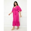 ELOQUII Elements Women's Plus Size Maxi Dress with Flutter Sleeves and Tie Neck