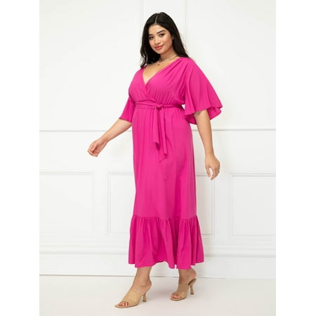 ELOQUII Elements Women's Plus Size Maxi Dress with Flutter Sleeves and Tie Neck