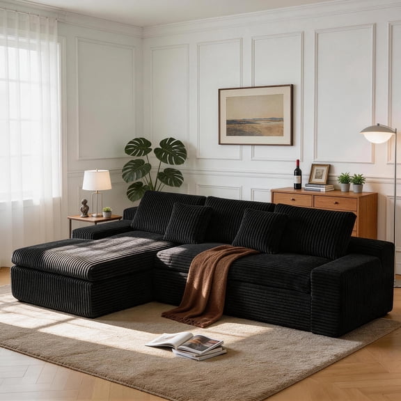 HipyMo 105" Sectional Couches for Living Room Corduroy Cloud Couch Sofa with L-Shape Upholstered Boneless Couchs Modern Modular Sectional Couch with Chaise (Left Facing Chaise 2Seaters, Black)