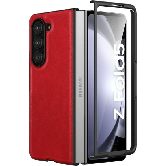 Case for Samsung Galaxy Z Fold 5 (2023) with Cover Screen Protector, PU Leather & Hard PC Bumper Phone Case for Galaxy Z Fold5 - Red