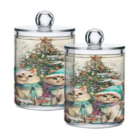 2 PCS Plastic Storage Canister Clear with Lids Airtight Cotton Swabs Cans Bathroom Jar Floss Organizer Merry Cat Christmas Tree