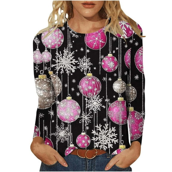 asdoklhq Christmas Turtleneck Tops for Women Christmas Women's Fashion Tees Casual Round Neck Loose T Shirt Long Sleeve Christmas Print Shirt Multicolor L