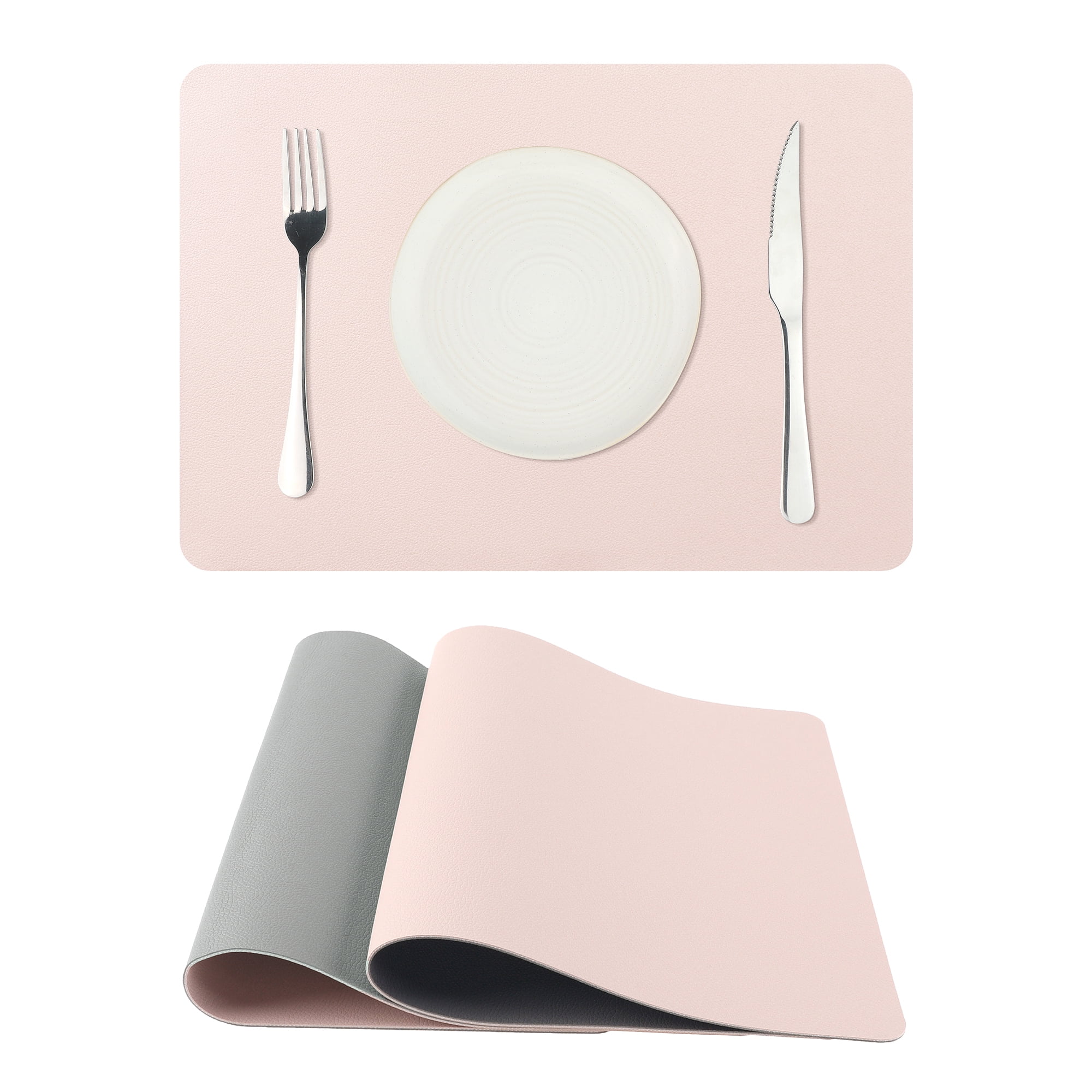 Unique Bargains Placemats Set of 2, Faux Leather Easy to Clean Table Mats Place Mats Pink Grey 17x12 inch