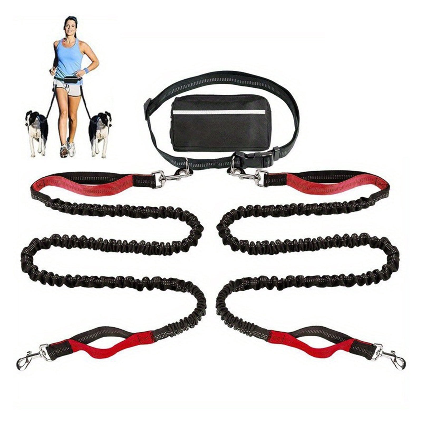 Dog Leash with Waist Bag Reflective Retractable Leash for Two Dogs Hands-Free Running Leash with Padded Handles Night Safety Walking Gear
