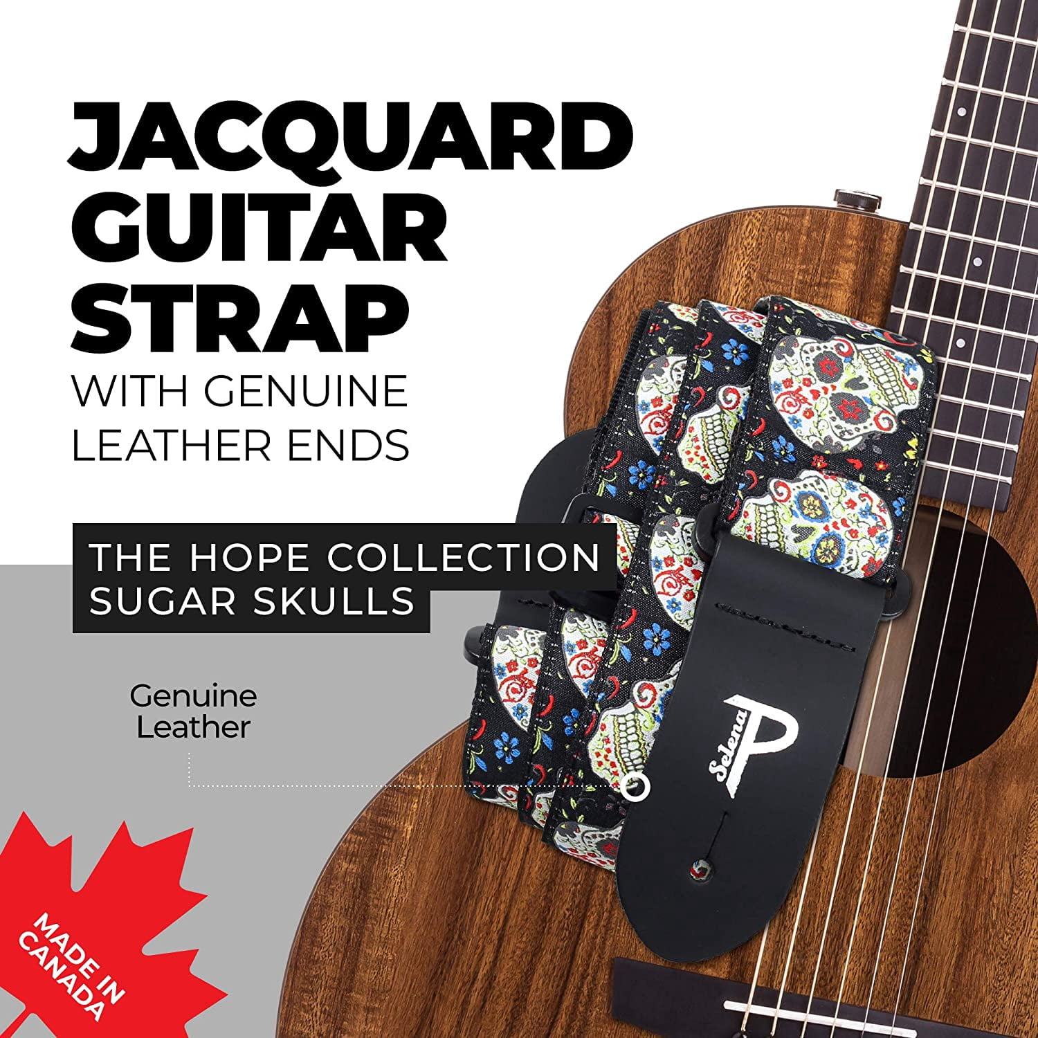 Perri's The Hope Collection by Selena 2" Jacquard Guitar Strap Happy Sugar Skulls w Black Background 2 in.