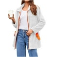 thumbnail image 3 of yoeyez Fuzzy Zip Up Jackets Women Lightweight Zip Up Sherpa Jacket Cozy Soft Color Block Coats with Pockets White,L, 3 of 7