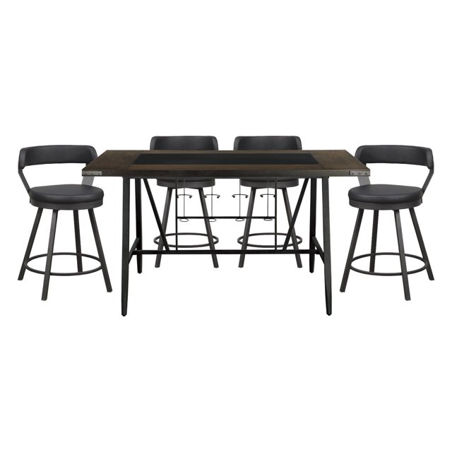 Counter Height 5pc Dining Set Table and 4 Chairs Swivel Black Dining Kitchen Furniture Wine Rack Glass Insert Top