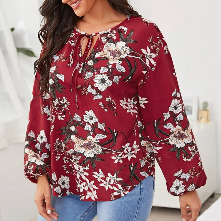 Long Sleeve Shirts Dressy Plus Size Tops for Women Tunic Tops to Wear with  Leggings Comfy Flowy Hide Belly Long Shirt Round Neck Floral Graphic Wine