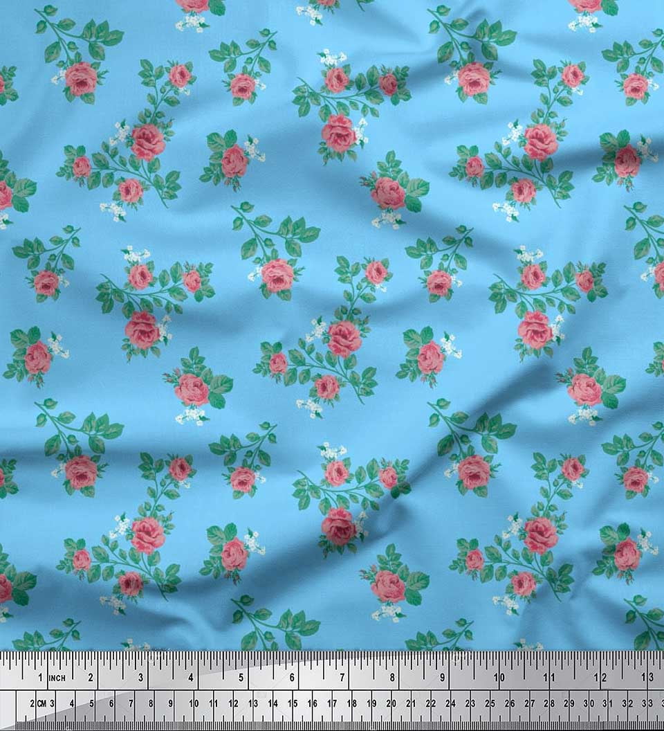 Soimoi Cotton Cambric Fabric Leaves & Rose Floral Printed Craft Fabric