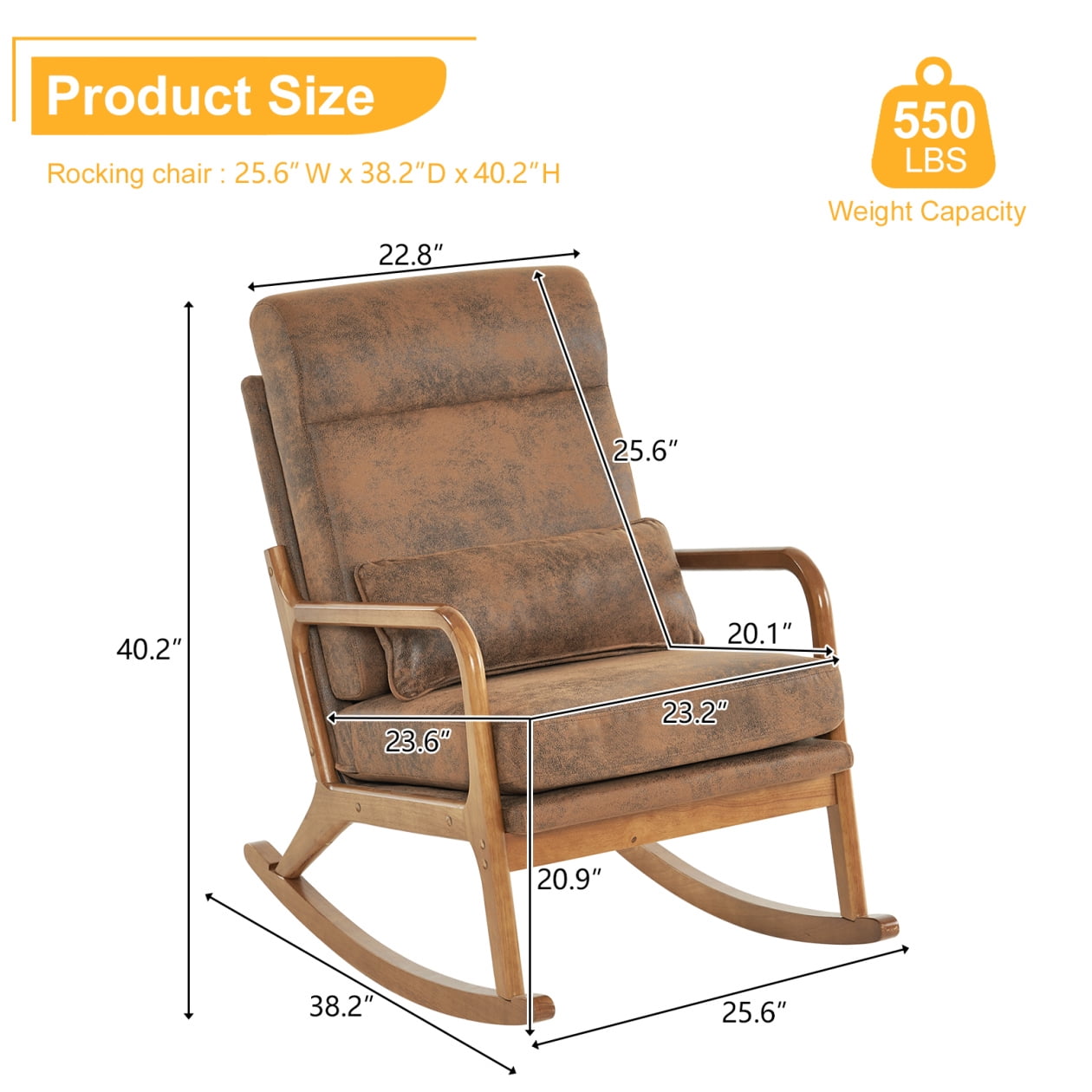 Nursery Rocking Chair, Upholstered Glider Rocker Indoor with High Backrest and Lumbar Pillow, Modern Accent Chairs Comfy Armchair Single Sofa Chair for Nursery Living Room Bedroom, Orange