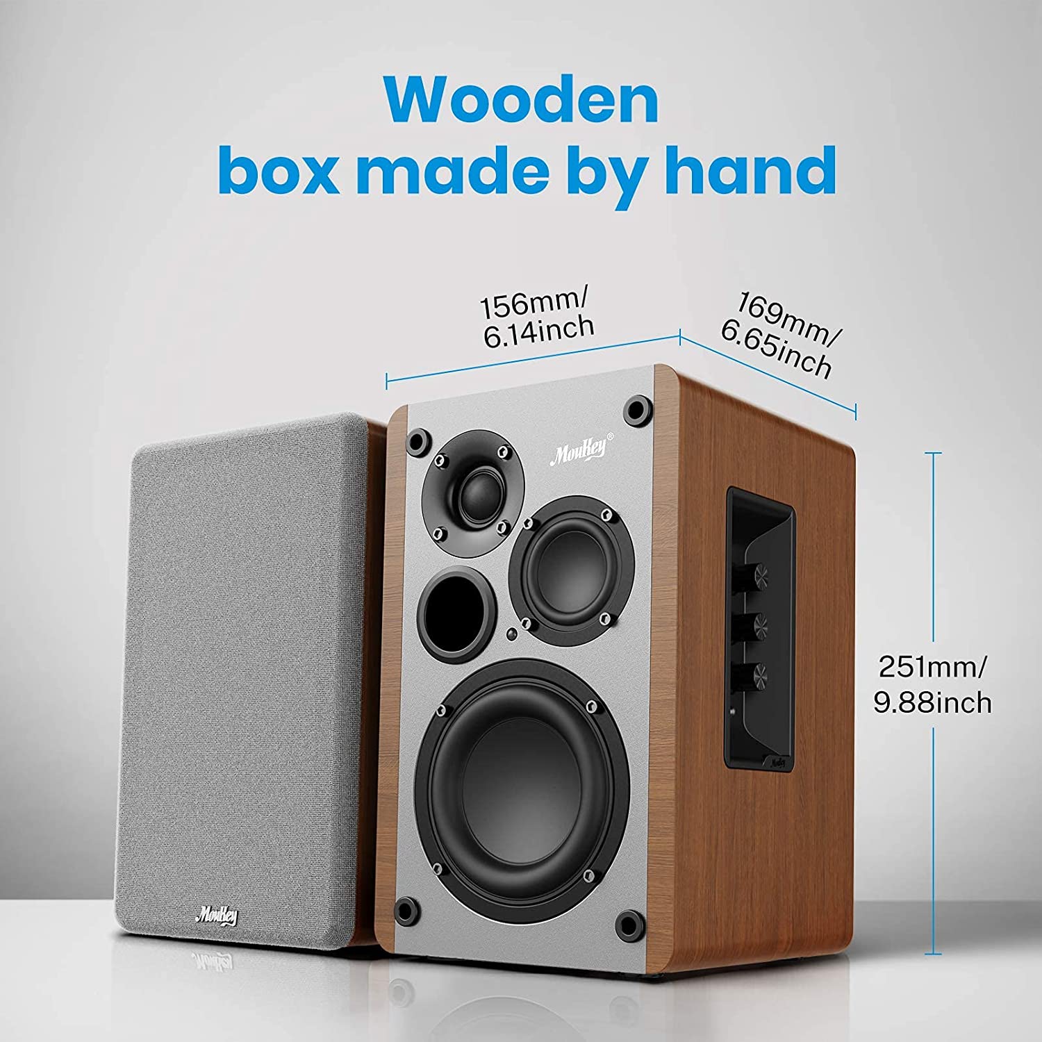 Moukey Powered Bookshelf Speakers Pair- Bluetooth 5.0 Studio Monitors, 3 Way 4+2+1‘’ Speakers, Wooden 2.0 Stereo Active Speakers - 50 Watts RMS (MA20-1), Lime - image 2 of 7
