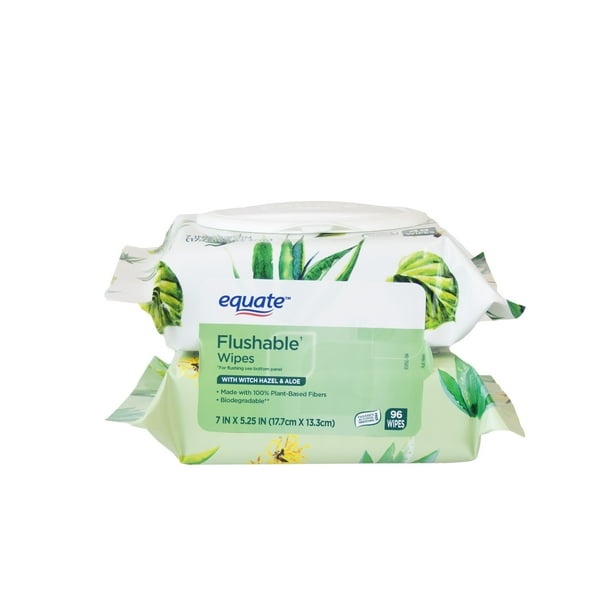 Equate Witch Hazel and Aloe Scent Flushable Wipes, 2 FlipTop Packs (96