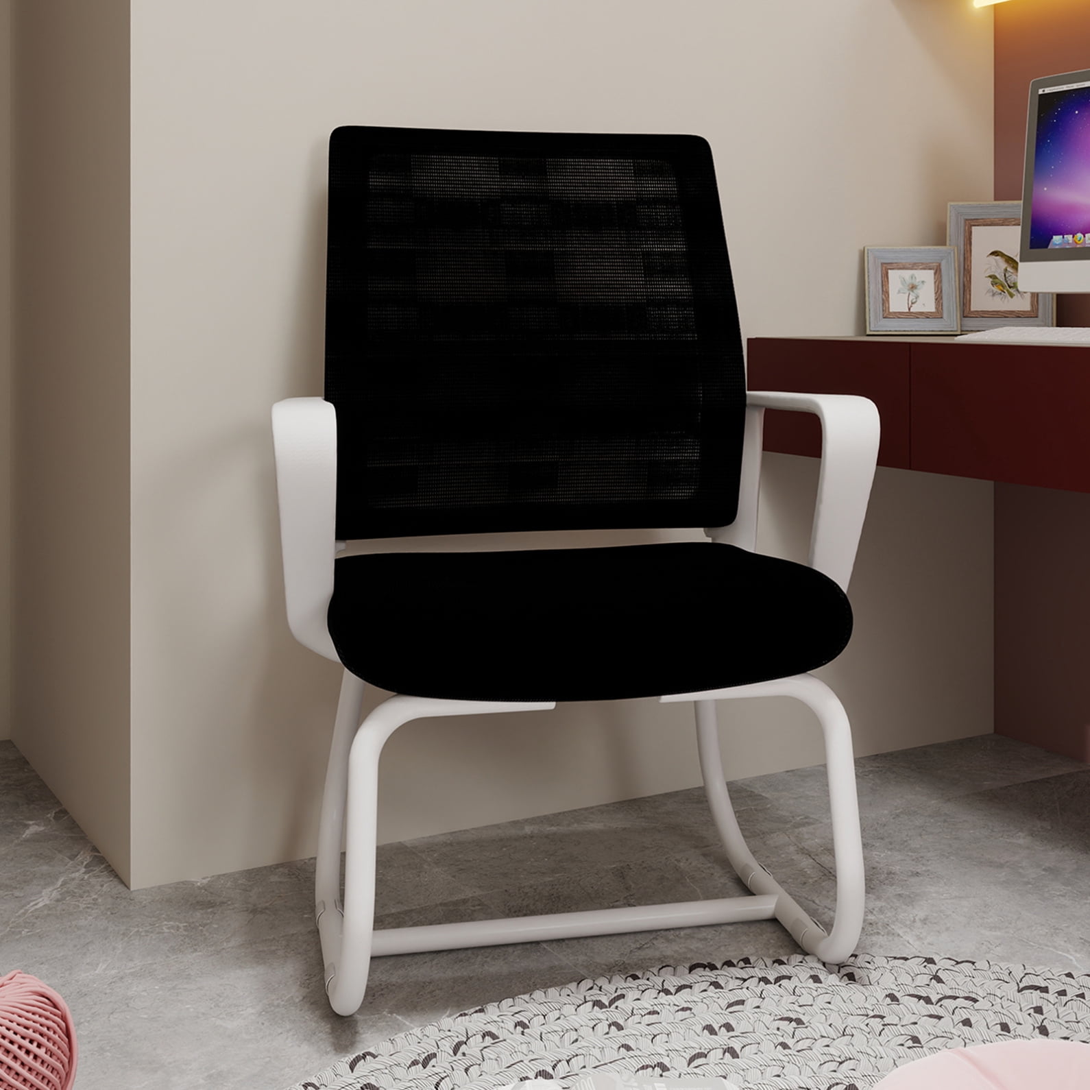 Modern Office Chair No Wheels, Ergonomic Study Chair with Handrail and Steel Legs, Comfy Home Office Desk Chairs with Ultra Thick Cushion, White+Black