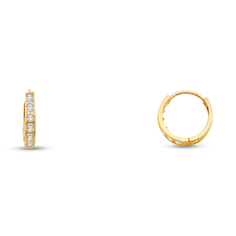 14k Yellow Gold CZ Cubic Zirconia 2mm Fancy Huggies Hoop Earrings 12mm Diameter