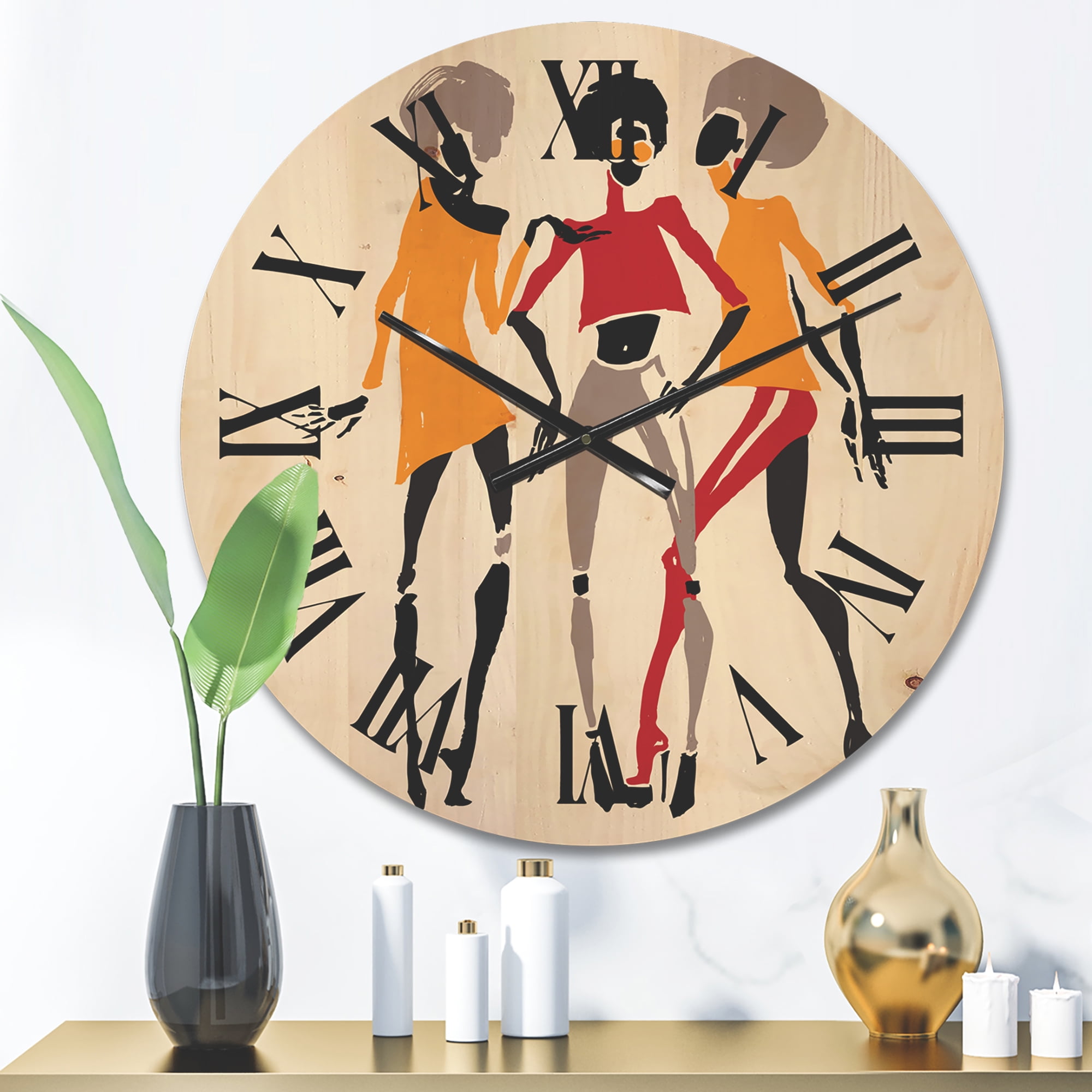 Designart 'African American Women Silhouettes Red and Yellow II' Modern Wood Wall Clock