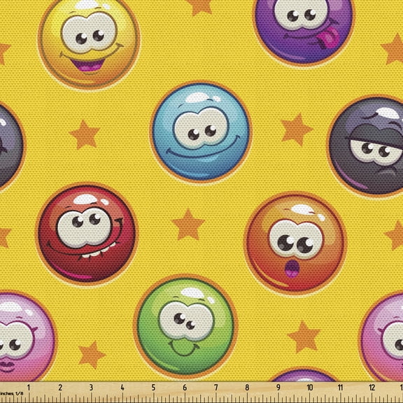 Emoticon Sofa Upholstery Fabric by the Yard, Smiling Surprised Grumpy Sad Happy Mood Faces Background with Little Stars Art, Decorative Fabric for DIY & Home Accents, 1 Yard, Multicolor by Ambesonne