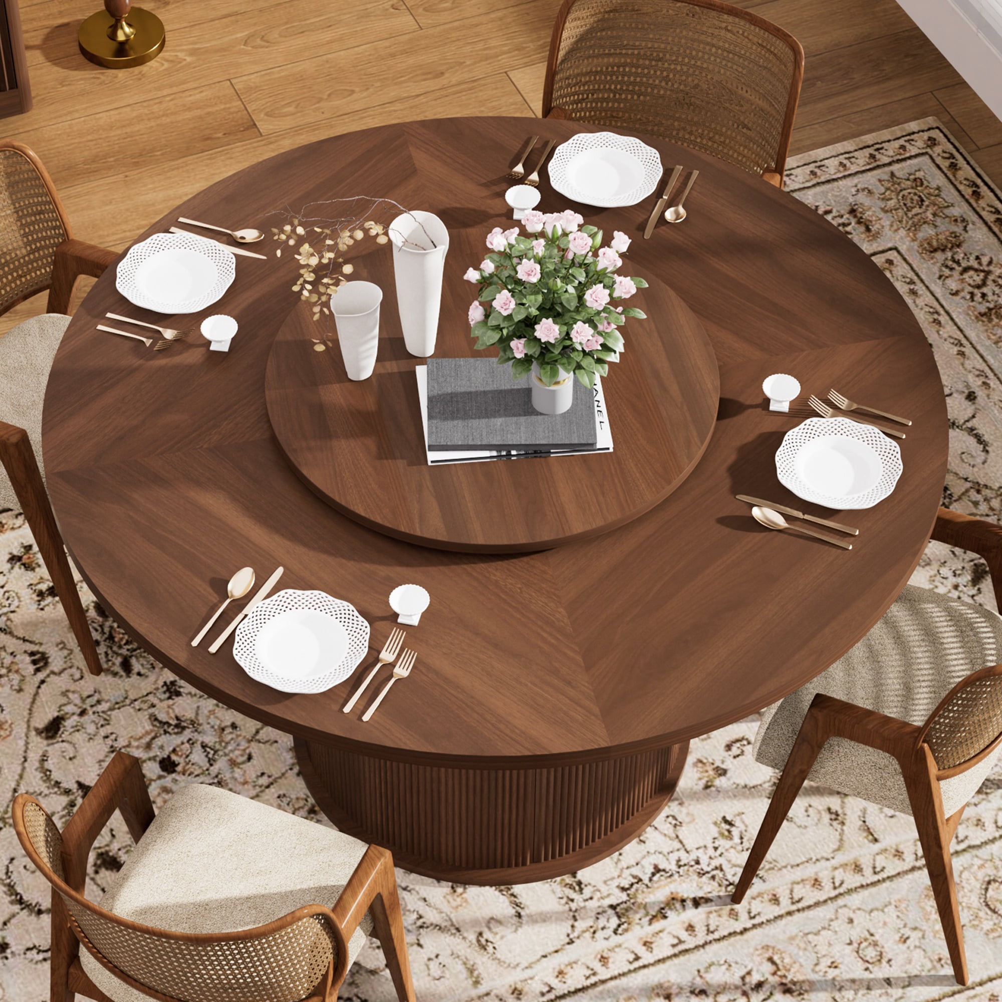 PORKISS Modern Round Dining Table, 55 Inch Circle Kitchen Tables for 6 with Double-tiered Storage Rack and Rotating Tabletop Tray, Wood Strip Base, Farmhouse Table for Kitchen, Dining Room, Walnut