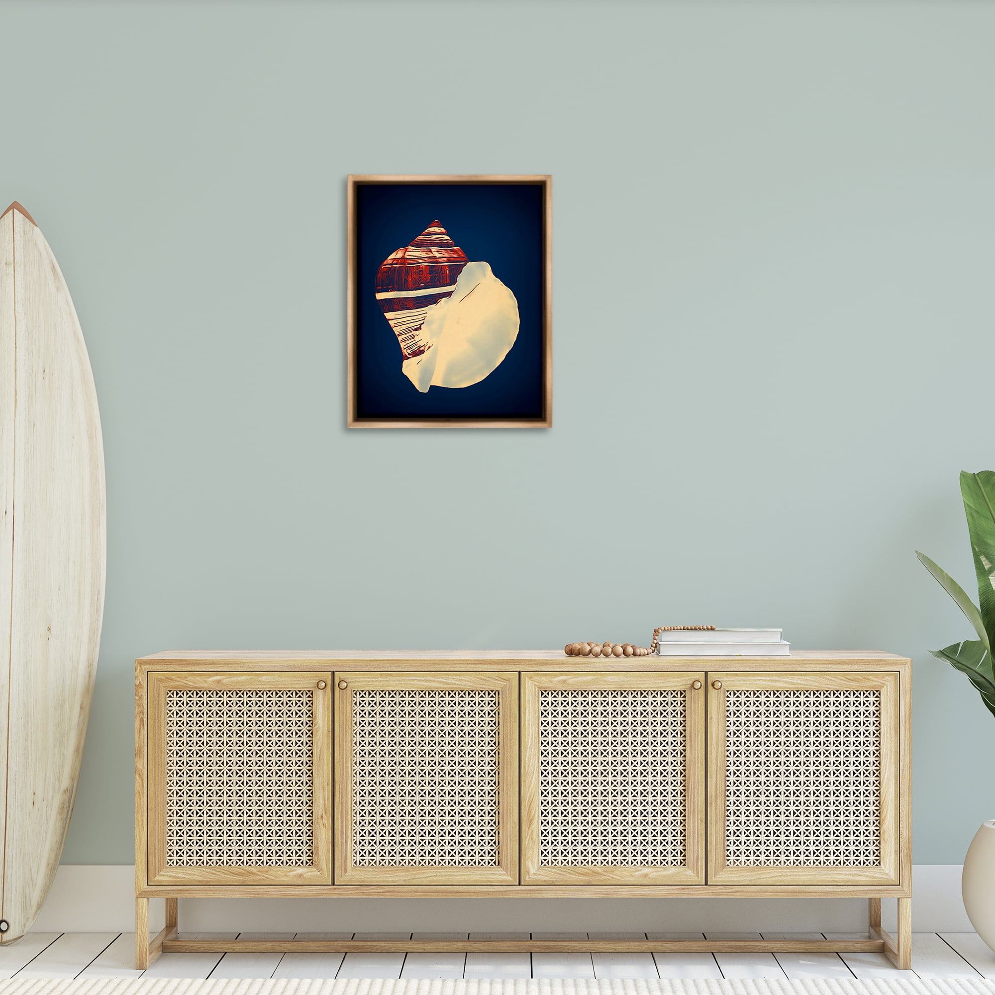 Stupell Industries Fiber Conch on Blue Nautical & Beach Painting Brown Floater Framed Canvas Art Print Wall Art, 25 x 31