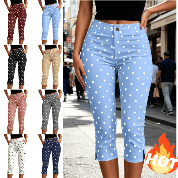 Mifsaly Capri Leggings with Pockets for Women Polka Dot Print Stretch Slim Fit Cropped Trousers Button Closure Flattering Everyday Casual Bottoms Light Blue,L