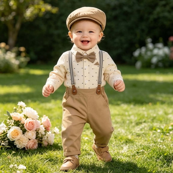 Trikvn Toddler Boys Formal Clothes Set Long Sleeve Polka Dot Button Down Shirt with Bowtie and Adjustable Suspender Pants Outfit Baby Gentleman Dress Suit for Christening Church