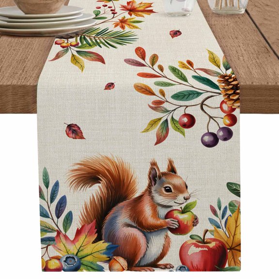 nqOlkjepod Colorful Squirrel Table Runner 36 Inches Long Farmhouse Dress Scarves, Watercolor Botanical Berry Pine Cones Rustic Dining Tablerunner for Coffee Table/Kitchen Island/Party, Small 13"x36"
