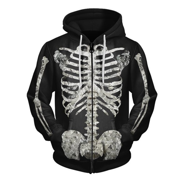 LxrBlank Men Skeleton Print Hoodie Long Sleeve Full Zipper Jacket Halloween Skull Graphic Sweatshirt Coat L