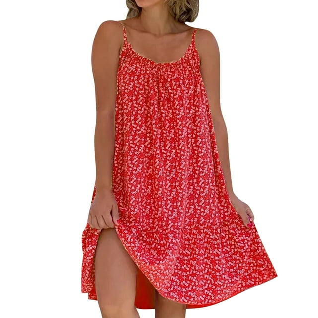 Kcodviy Robe Décontractée à Fleurs pour Femmes Grande Taille pour Femmes Col Décontracté Ourlet à Volants Robes Spaghetti pour Femmes Été Bretelle Sans Manches Robe Courte Robe d'Été pour Femmes Robe de Plage Décontractée