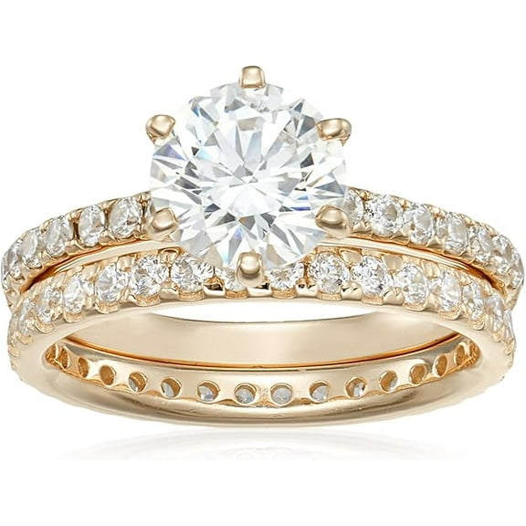 Divine Creation 14K Yellow Gold Plated 2 Ct Round Cut Diamond Wedding Engagement Bridal Ring Set For Women's 925 Sterling Silver -5