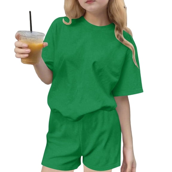 WRKEKC Girls 2 piece Outfits Printed Round Neck Short Sleeve T-Shirt and Casual Shorts Set for 3-15 Years