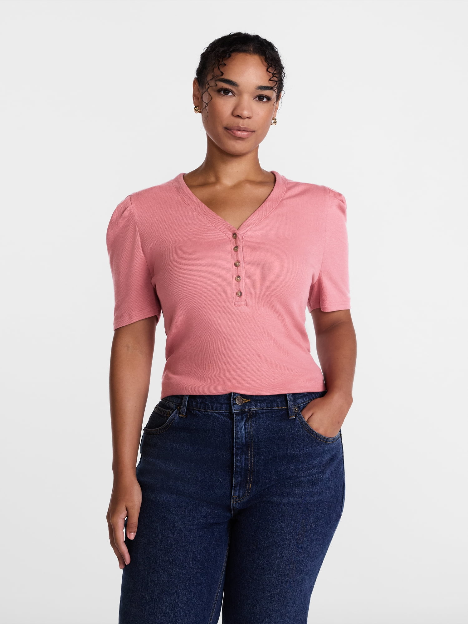 Scenario Women's V-Neck Henley Top with Short Puff Sleeves, Sizes XS-XXXL