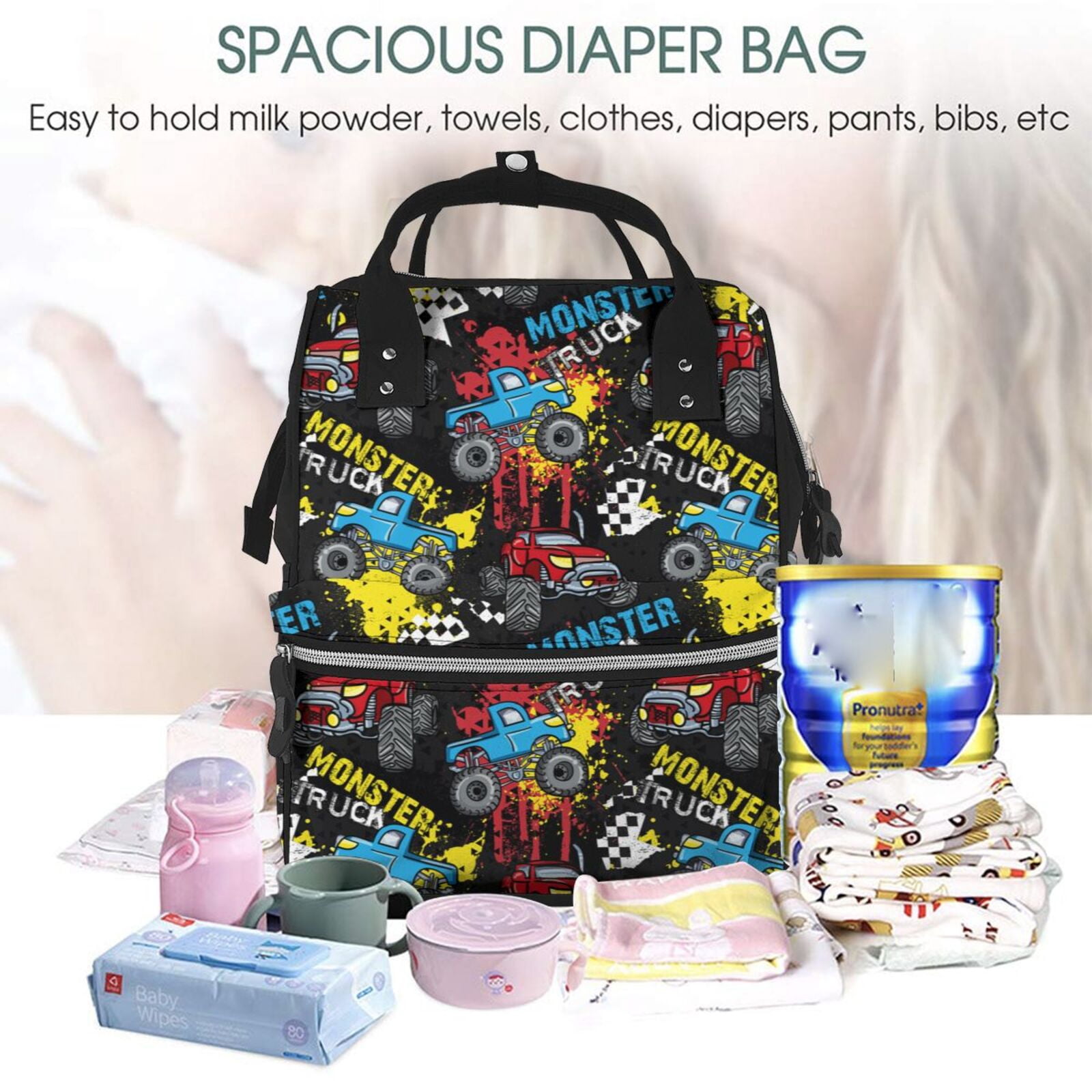 Fuzoiu Monster Car Print Diaper Bag Backpack,Baby Essentials Travel Tote,Multi function Waterproof Diaper Bag, Travel Essentials Baby Bag - Unisex