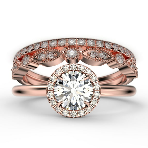 Fairy Minimalist 2.25 Carat Round Cut Diamond Moissanite Engagement Ring, Classic Halo Wedding Ring in 925 Sterling Silver With 18k Rose Gold Plating Gift For Her, Two Matching Band