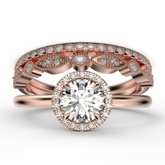 Fairy Minimalist 2.25 Carat Round Cut Diamond Moissanite Engagement Ring, Classic Halo Wedding Ring in 10k Solid Rose Gold, Gift For Her, Anniversary Gift, Two Matching Band, Trio Set