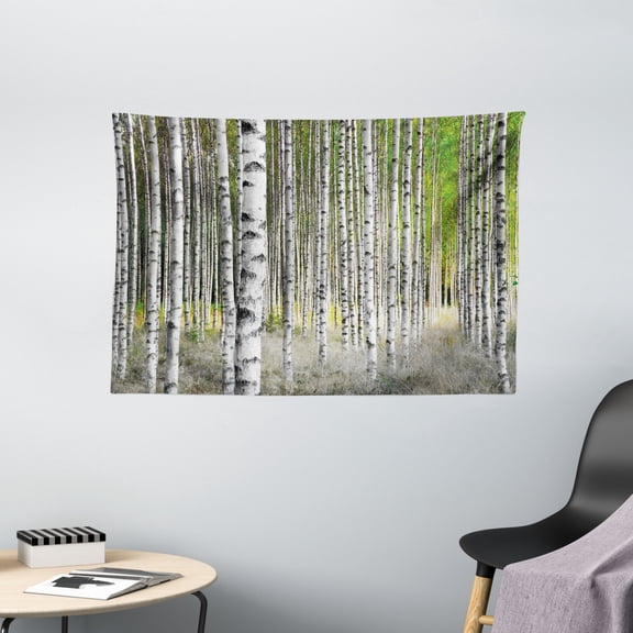 Birch Tree Tapestry, Peaceful Late Summer Woodland Trunks Leaves Foliage Serene Tranquil, Wall Hanging for Bedroom Living Room Dorm Decor, 60W X 40L Inches, Green Light Grey Black, by Ambesonne